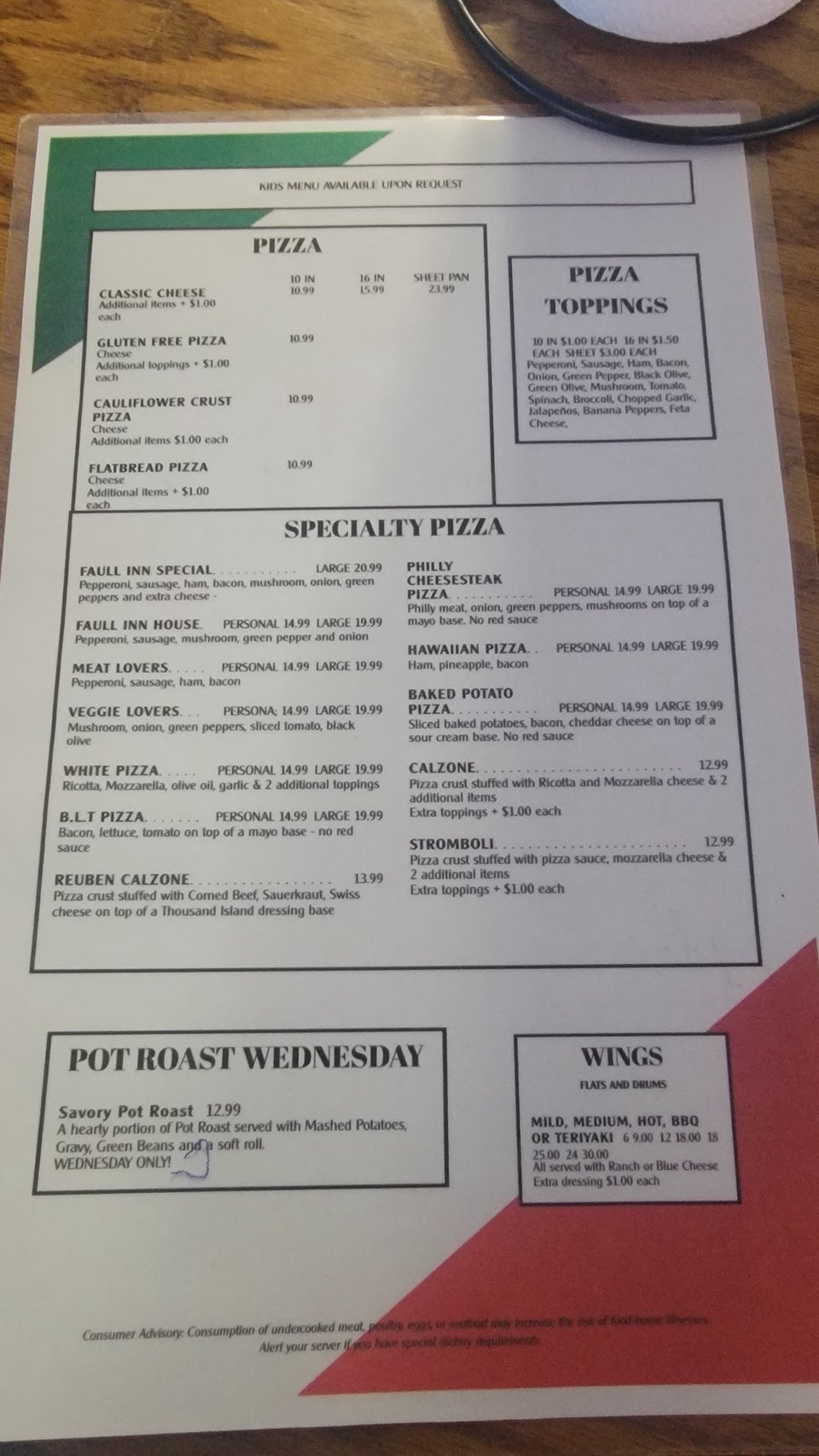 Printed menu with burgers, salads, and sandwiches.