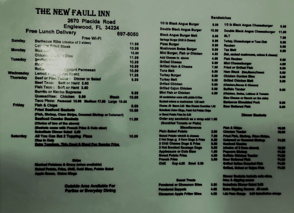 Menu page showing starters and sandwich choices.