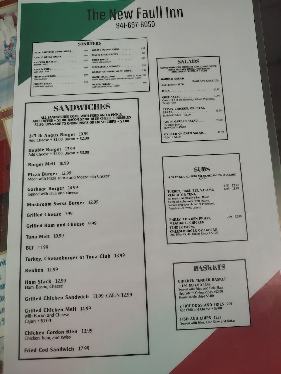 Bar and grill menu with comfort food selections.